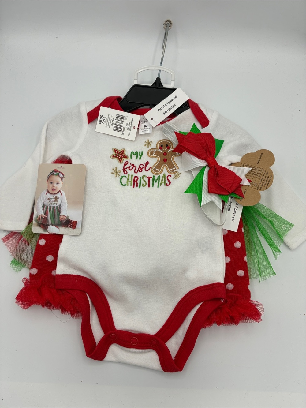 My First Christmas 4pc Baby Bodysuit Skirt Leg Warmers & Headband Size 3 Months
